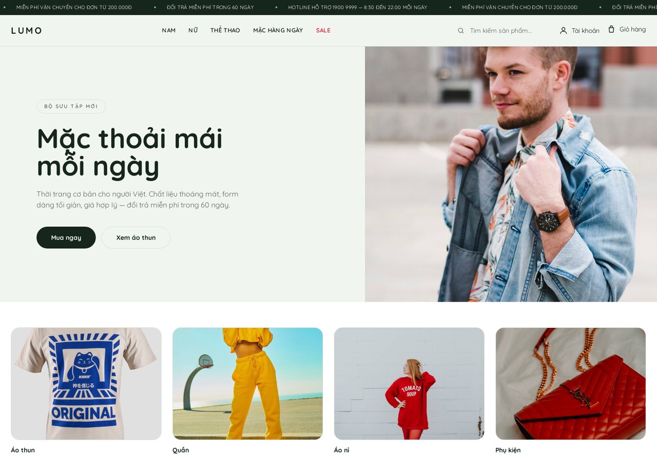 Cùng website sau khi sửa: chữ nằm bên trái và ảnh bên phải, danh mục dạng thẻ vuông, tông xanh rêu