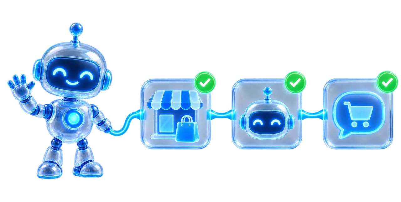 Robot thuỷ tinh bên trái, nối bằng dải sáng sang ba thẻ kính: một gian hàng có mái hiên và túi mua sắm, một robot nhỏ, và một bong bóng chứa giỏ hàng.