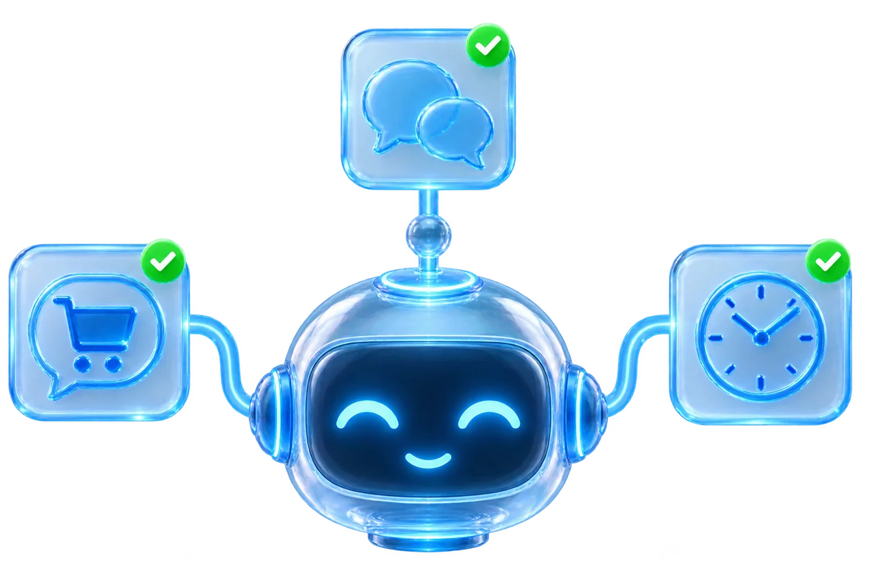 Đầu robot thuỷ tinh ở giữa, nối bằng dải sáng sang ba thẻ kính vây quanh: hai bong bóng chat ở trên, một bong bóng chứa giỏ hàng bên trái, và một chiếc đồng hồ bên phải.