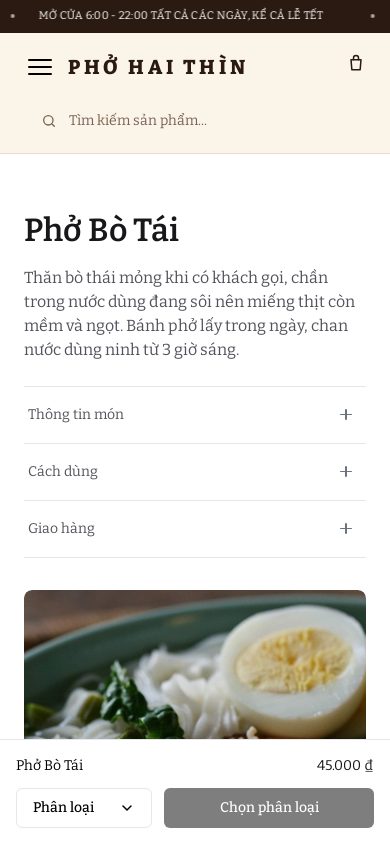 Quán Phở Việt — Trang sản phẩm trên điện thoại