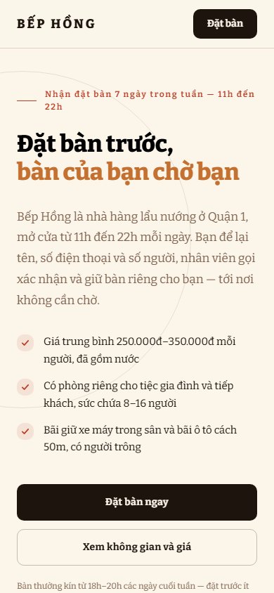Bếp Hồng — Màn hình đầu trên điện thoại