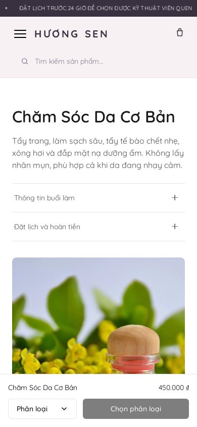 Spa Hương Sen — Trang sản phẩm trên điện thoại