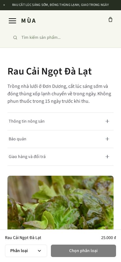 Nông Sản Sạch — Trang sản phẩm trên điện thoại