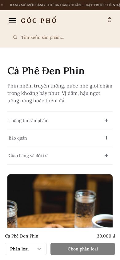 Cà Phê Góc Phố — Trang sản phẩm trên điện thoại
